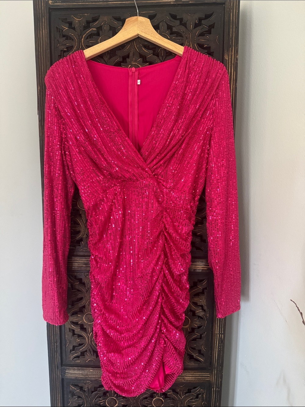 Fuchsia Sequin Ruched V-Neck Long Sleeve Dress